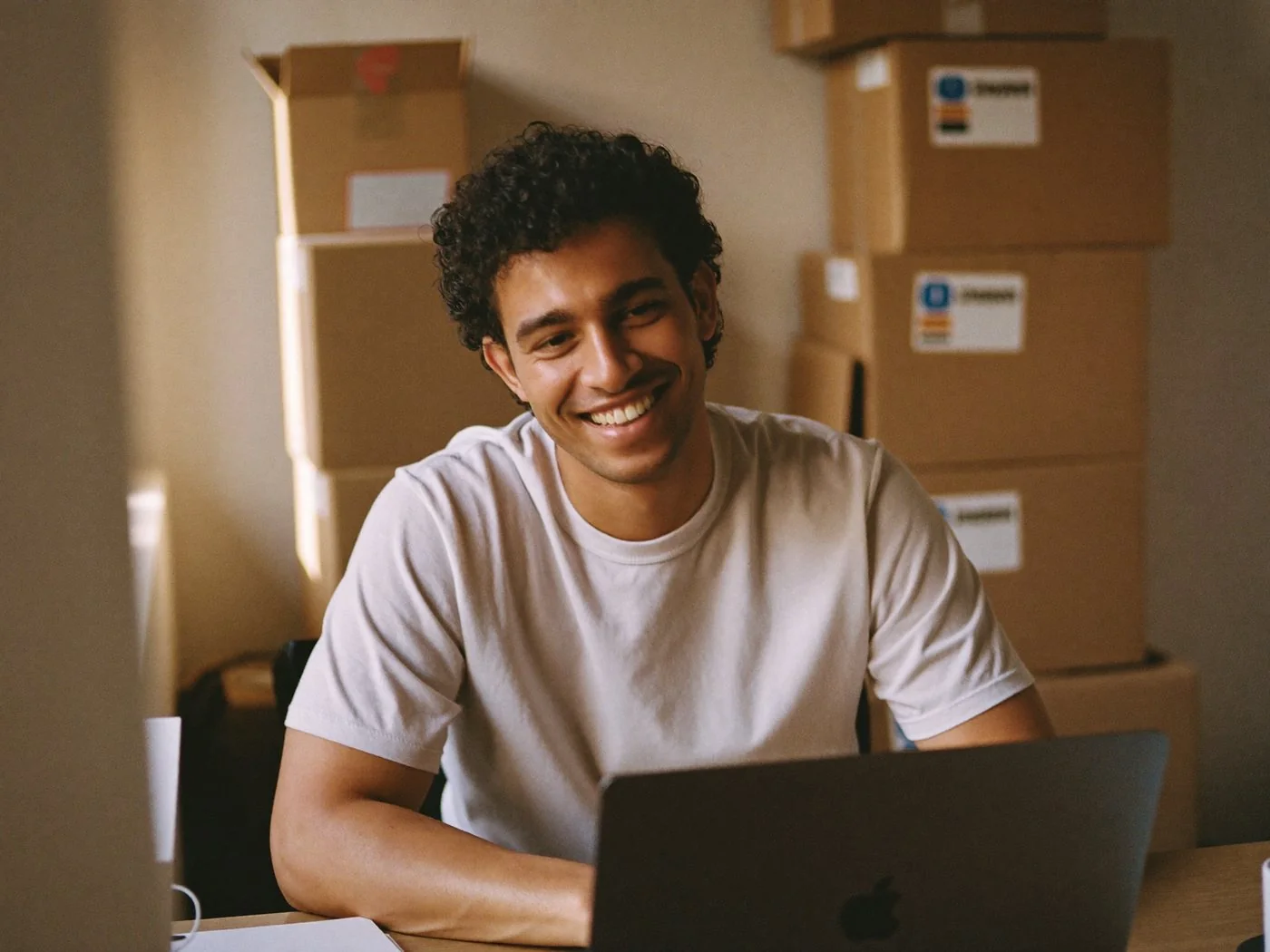 Lojista sorrindo em frente ao notebook, no estoque da própria loja