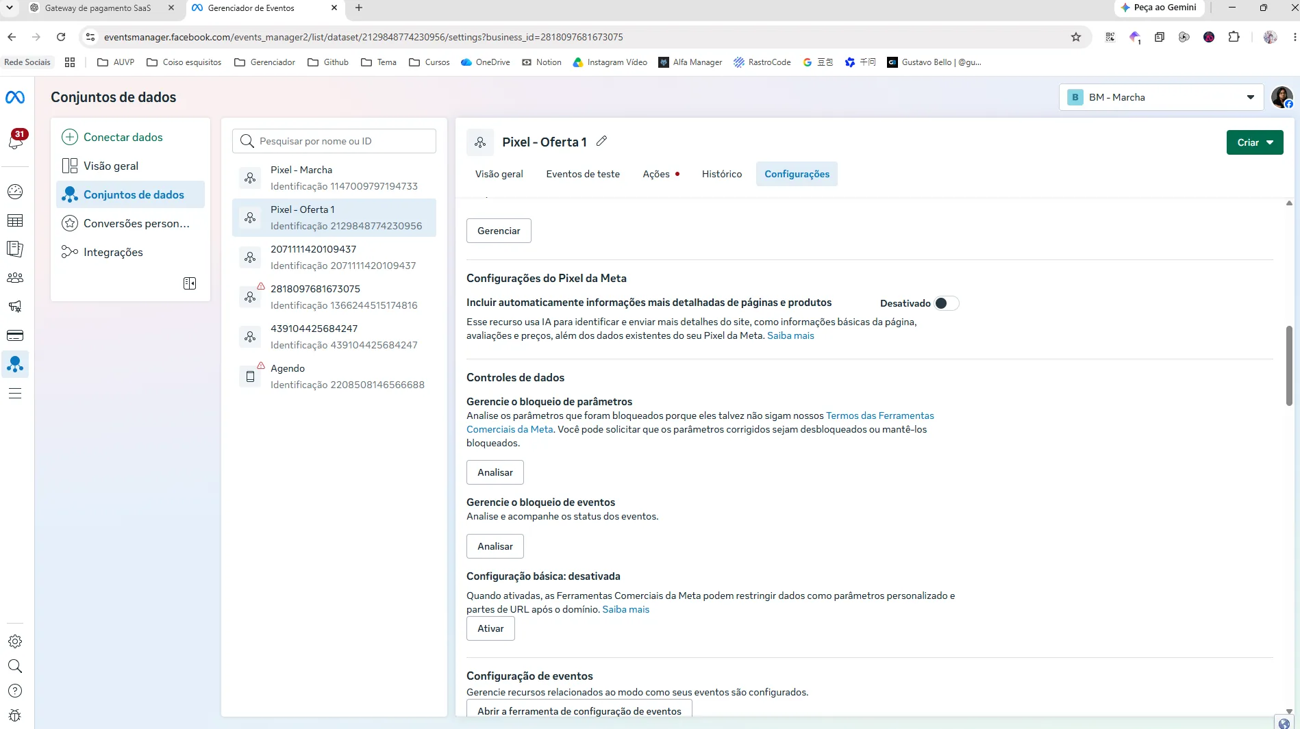 Configurações do Pixel da Meta com o controle de informações detalhadas de páginas e produtos desativado
