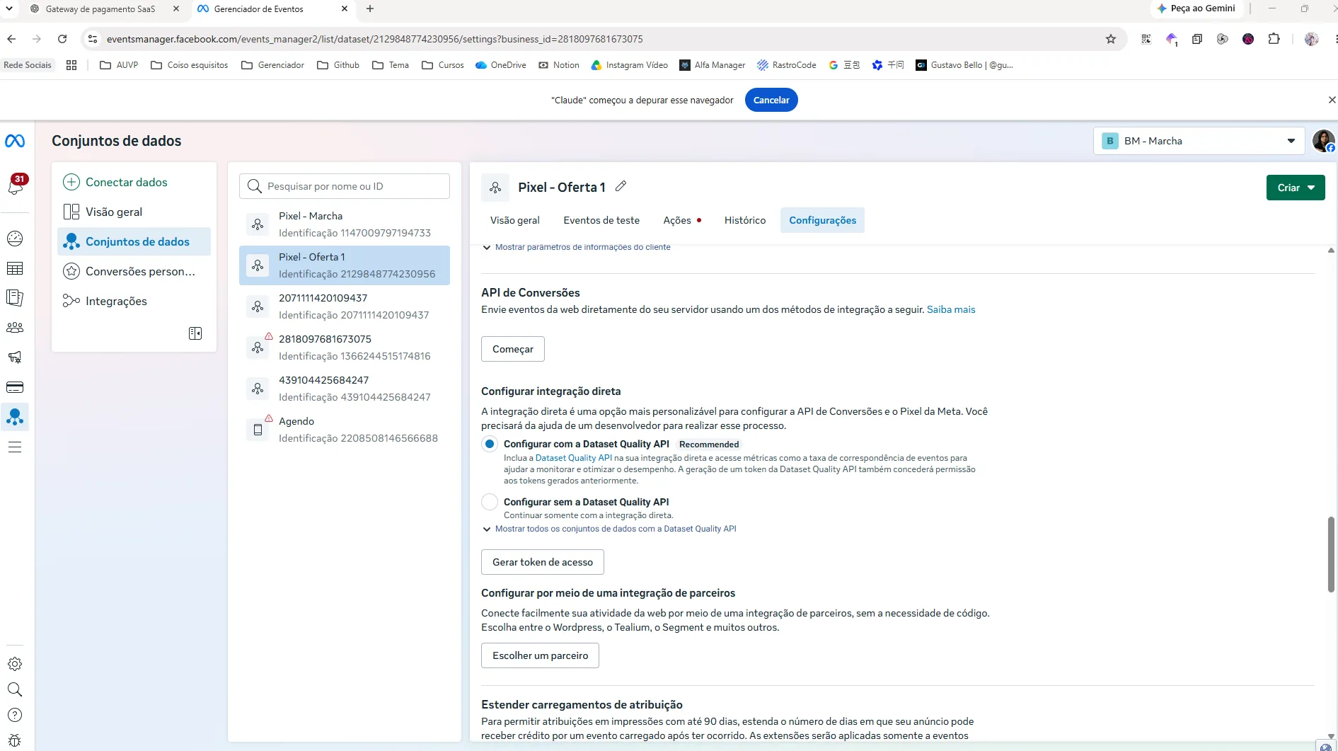 Integração direta da API de Conversões com a opção Configurar com a Dataset Quality API selecionada